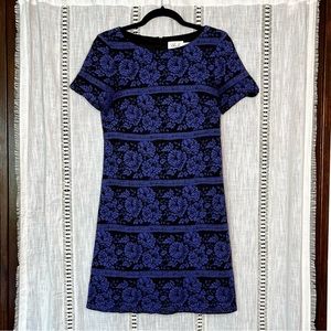 Sz 6 black/blue short-sleeved floral shift dress with lace overlay